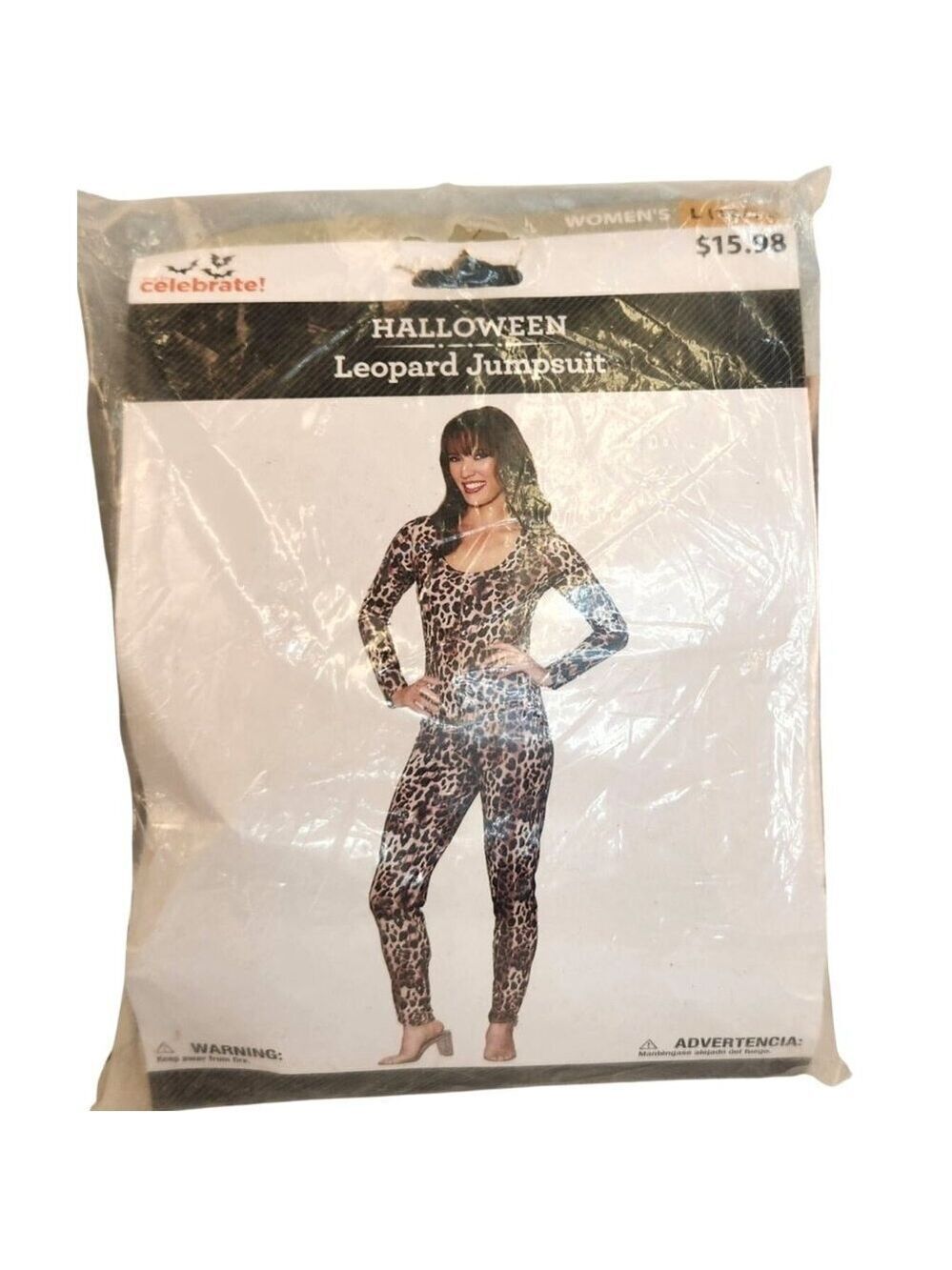 Womens Leopard Print Jumpsuit L 12/14 Halloween Costume Long Sleeve Stretch Fit
